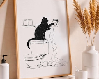 Poster Funny Cat Bathroom, Wall Decor Illustration Minimal Toilet Wall Art