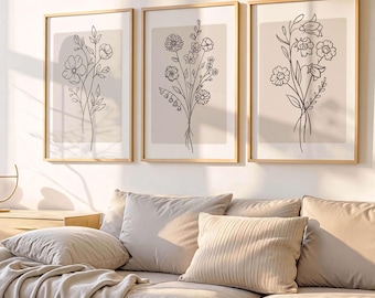 Impression d'art floral minimaliste, art mural bohème beige, décoration de salon neutre, téléchargement numérique imprimable
