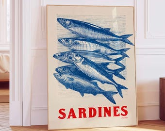 Vintage Sardines Poster, Coastal Kitchen Wall Art, Retro Fish Print, Nautical Decor, Blue Seafood Illustration, Beach House Wall Art