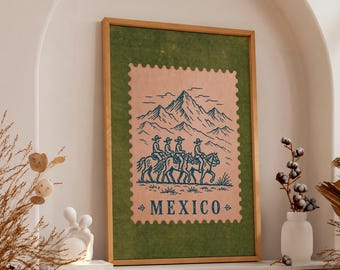Mexico Vintage Travel Poster, Western Cowboy Wall Art, Rustic Desert Print, Retro Stamp Artwork, Farmhouse Decor