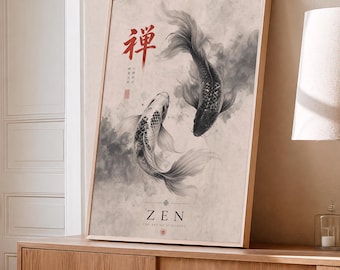 Zen Koi Fish Wall Art, Japanese Black White Poster, Minimal Zen Decor, Yin Yang Koi Print, Calm Meditation Artwork
