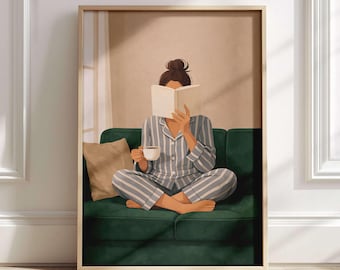 Cozy Reading Girl Print, Book Lover Wall Art, Minimalist Self Care, Minimalist Room Decor
