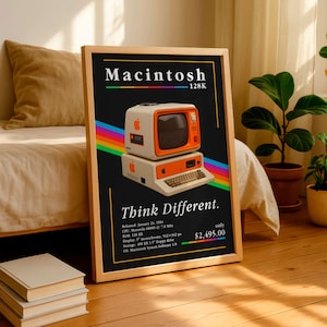 May include: A framed poster featuring a vintage Macintosh 128K computer with an orange and white design. The poster has the text "Macintosh 128K" at the top and "Think Different" below the computer image. A rainbow graphic is also present.