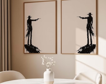 Ensemble de 2 affiches « Duel de cowboys », art mural western minimaliste, affiches de pistolero, décoration ranch moderne, œuvre d'art du Far West, impression numérique