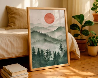 Japanese Zen Landscape Poster, Misty Mountain Illustration, Minimal Nature Artwork, Decor Room, Wall Art Printed, Digital Download