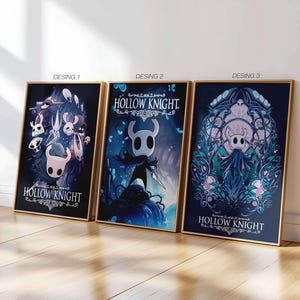 May include: Three framed prints of the video game Hollow Knight. The prints feature different designs with the game's iconic knight character in various poses. The prints are all in a dark blue color scheme with white accents.