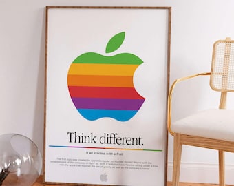 Think Different Poster, Retro Tech Wall Art, Vintage Rainbow Computer Logo, Minimalist Office Decor, Iconic Tech Print