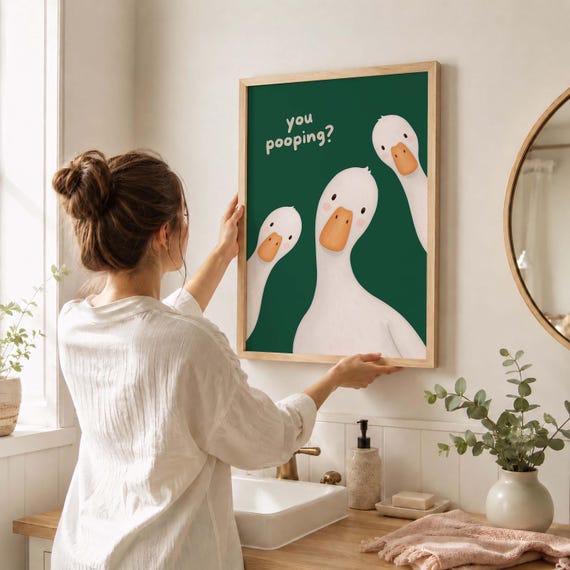 Funny Goose Bathroom Poster, Are You Pooping Wall Art, Cute Duck Print, Bathroom Humor Decor, Minimalist Funny Art
