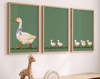 マザーグースのベビー用プリント3枚セット、名前入りカスタムベビーウォールアート、ヴィンテージ風のガチョウとアヒルの子、ファームハウス風ベビー用品、ベビーシャワーギフト