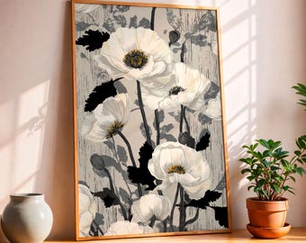 Vintage Botanical Wall Art, Neutral Floral Print, Elegant Flower Poster, Modern Nature Decor, Beige Black Wall