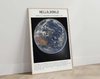 Bonjour le monde affiche de la terre, impression de l'espace Artemis II, impression de la terre de l'espace, décoration d'affiche de la science, art de l'espace minimaliste,