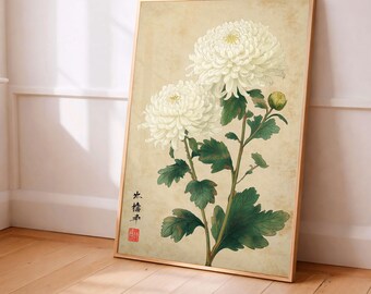 Japanese Botanical Wall Art, Vintage Floral Print, Neutral Asian Flower Poster, Zen Home Decor, Elegant Nature Art