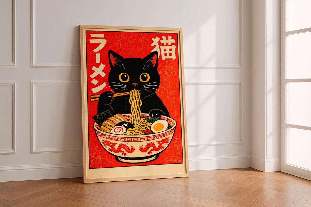 Japanese Ramen Cat Poster, Black Cat Eating Noodles Print, Vintage ...