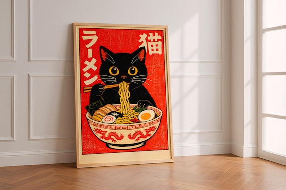 Japanese Ramen Cat Poster, Black Cat Eating Noodles Print, Vintage Japanese Wall Art, Cute Cat Kitchen Decor, Retro Anime Style Poster