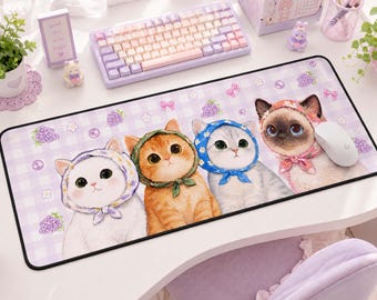 Cute Kawaii Cat MousePad, Pastel Desk Mat, Gaming Mousepad, Kitty Desk Setup, Gift for Cat Lovers, Desk Setup Accessory