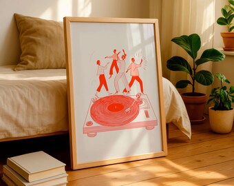 Modern Music Illustration Print, Dancing Figures on Turntable, Vinyl Culture Artwork, Creative Studio Decor