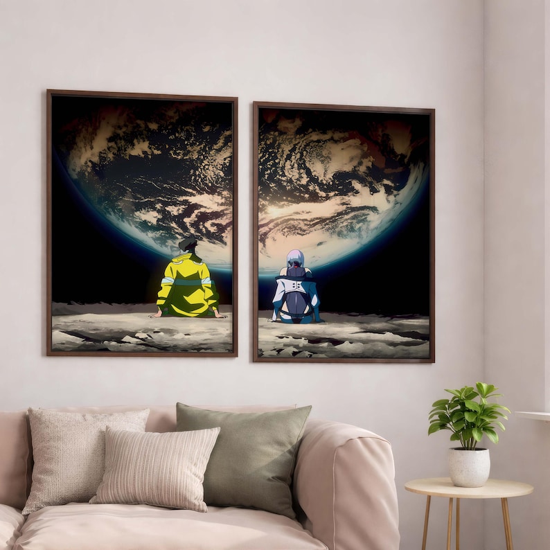 May include: Two framed art prints depict anime characters seated on a lunar surface, gazing at Earth. One character wears a yellow jacket, the other a blue and white outfit. The artwork features a dark brown frame and a detailed view of Earth.