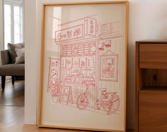 Vintage Ramen Shop Line Art Poster, Japanese Street Food Print
