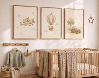 Nursery Wall Art Set of 3, Woodland Animal Adventure Prints, Airplane Balloon Jeep Posters, Neutral Kids Room Decor