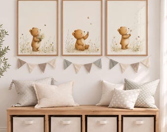 Bear Nursery Prints Set of 3, Cute Teddy Wall Art, Neutral Woodland Baby Room Decor, Kids Bedroom Posters