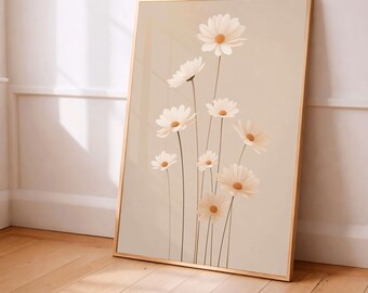 Soft Botanical Daisy Print, Neutral Floral Illustration, Light Minimal Decor for Serene Interiors