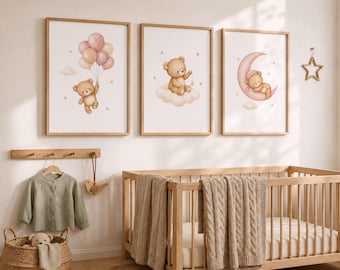 Teddy Bear Nursery Wall Art Set of 3, Pink Bear Prints, Moon Balloon Baby Girl Room Decor, Cute Nursery Posters, Kids Bedroom Posters