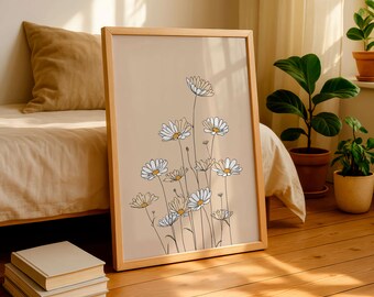 Minimal Daisy Line Illustration, Soft Neutral Floral Artwork, Gentle Modern Decor for Light Spaces