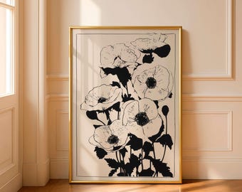 Minimalist Botanical Wall Art, Black Floral Line Art Print, Neutral Flower Poster, Modern Scandinavian Decor, Digital Poster