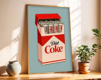 Diet Coke Poster, Minimalist Drink Print, Funny Diet Soda Lover Gift, Retro Kitchen Wall Art, Trendy Dopamine Decor for Home
