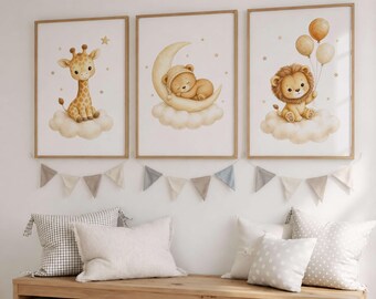 Cute Animal Nursery Wall Art, Set of 3 Baby Prints, Giraffe Bear Lion Posters, Neutral Kids Room Decor, Kids Bedroom Posters