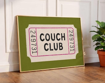 Affiche du club de canapé, art mural rétro drôle, impression de billets vintage, décoration d'intérieur sarcastique, décoration murale humour minimaliste, art mural rétro minimaliste