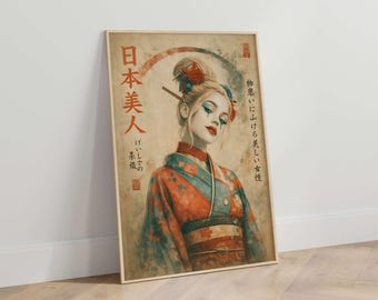 Japanese Vintage Portrait Poster, Elegant Kimono Woman Illustration, Ukiyo Inspired Art, Oriental Decorative Print