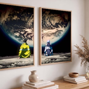 May include: Two framed art prints featuring anime-style characters gazing at a planet. One character wears a yellow jacket, the other a white and blue outfit. The background shows a dark blue space and a large planet with a cloudy atmosphere.