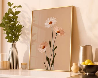 Minimal Botanical Flower Print, Soft Neutral Daisy Illustration, Calm Modern Decor for Light Interiors