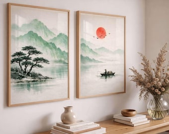 Japanese Zen Landscape Art Prints, Sumi Ink, Misty Mountains, Digital Download, Home Decor,