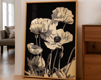 Dark Botanical Illustration Print, Black and Cream Vintage Flowers, Elegant Statement Decor for Modern Interiors