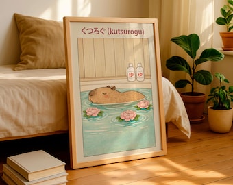 Japanese Onsen Illustration Print, Relaxing Capybara Artwork, Kawaii Poster, Decor Room, Printed Wall art, Digital Download