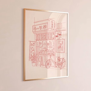 May include: Red line art print of a Japanese restaurant scene. The artwork features a storefront with Japanese text, a bicycle, and a framed picture. A potted plant and a menu board are also visible.