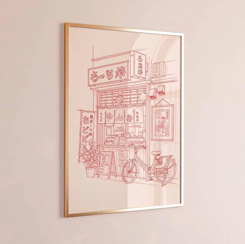 May include: Red line art print of a Japanese restaurant scene. The artwork features a storefront with Japanese text, a bicycle, and a framed picture. A potted plant and a menu board are also visible.
