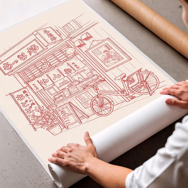 May include: A red line drawing of a Japanese ramen shop with a bicycle parked outside. The shop has Japanese text on the sign and a menu board. The artwork is on a cream-colored paper.