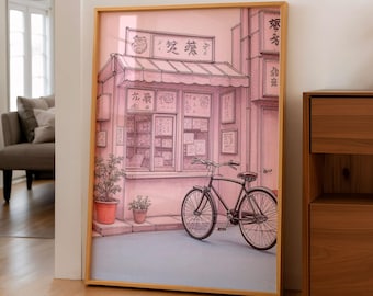 Impresión artística de una bicicleta en una tienda de Tokio, ilustración callejera japonesa (descarga digital disponible)
