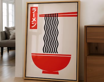 Affiche minimaliste de ramen, art mural de cuisine japonaise, impression de cuisine moderne, décoration de style Japandi, art mural asiatique minimaliste