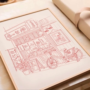 May include: Red line art print of a Japanese ramen shop with a bicycle parked outside. The shop has hanging banners and signs with Japanese text. A framed picture hangs on the wall. A potted plant and menu board are in front.