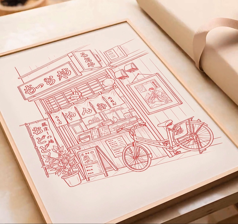 May include: Red line art print of a Japanese ramen shop with a bicycle parked outside. The shop has hanging banners and signs with Japanese text. A framed picture hangs on the wall. A potted plant and menu board are in front.