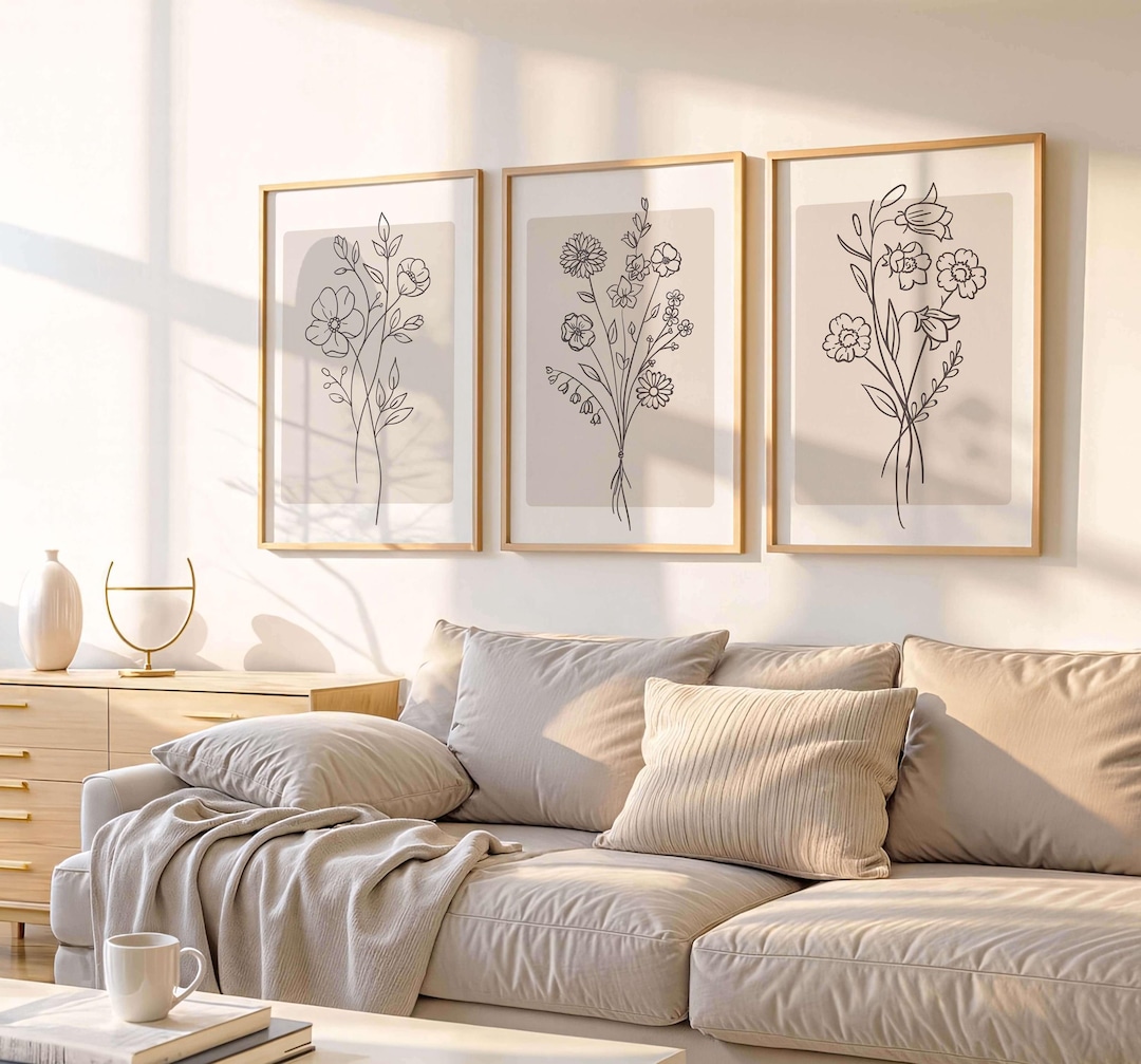 Minimalist Floral Line Art Print, Beige Boho Wall Art, Neutral Living ...