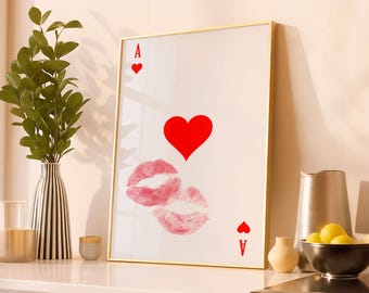 Ace of Hearts Print Kiss, Romantic Lips Wall Art, Minimal Love Poster, Home Decor Room, Poster Printed, Digital Download