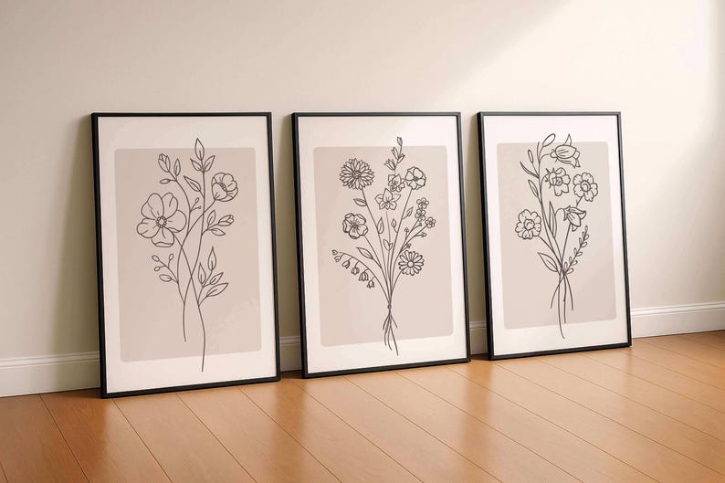 Minimalist Floral Line Art Print, Beige Boho Wall Art, Neutral Living ...