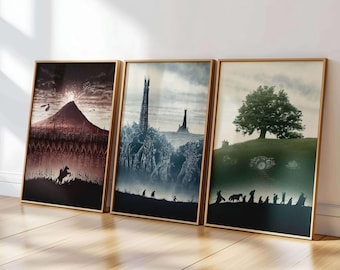 The Rings Poster Set Of 3, Trilogy Wall Art, Minimalist Decor, Framed or Unframed Gift Prints