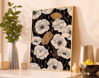 Dark Floral Botanical Art Print, Black and Beige Vintage Flowers, Elegant Moody Decor for Modern Interiors