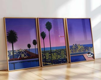 Ensemble de 3 affiches vintage Nagai « Coucher de soleil sur la ville », art mural moderne, impressions esthétiques ciel violet, décoration urbaine minimaliste, téléchargement numérique